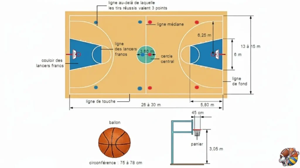 Dimensions et composants du terrain de basket-ball et règles de base