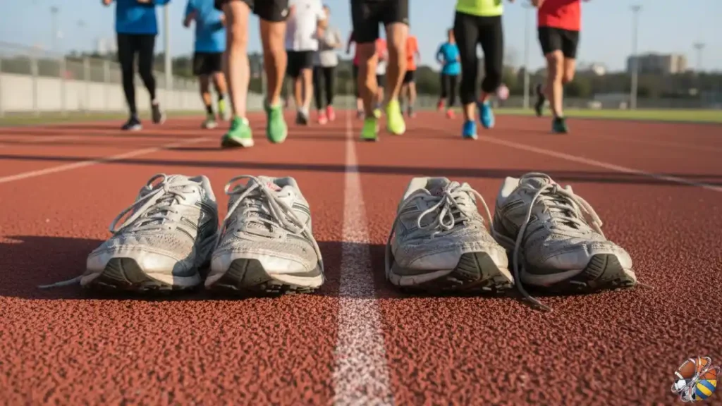 Gros plan sur chaussures de running neuves et usées sur piste.

