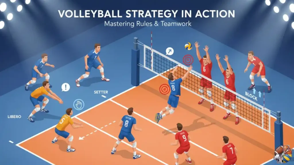 montrant une équipe de volley-ball en plein match