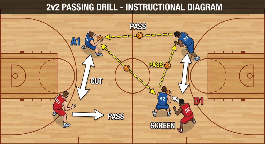 Basketball 2v2 passing drill