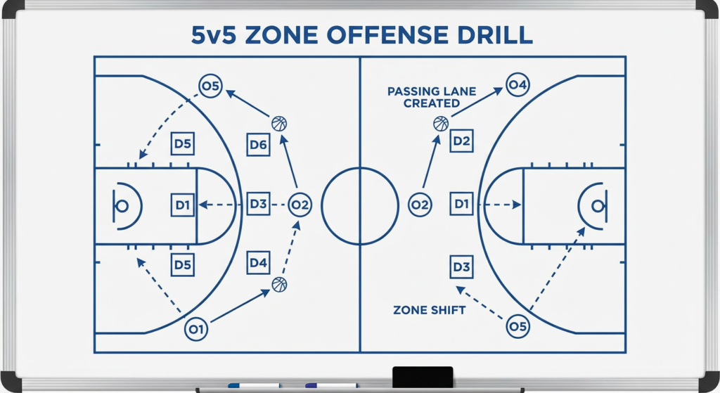 Basketball 5v5 offense drill against zone defense