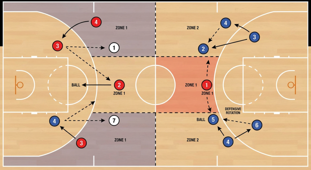 Basketball defensive drill, 4v4, players marking zones