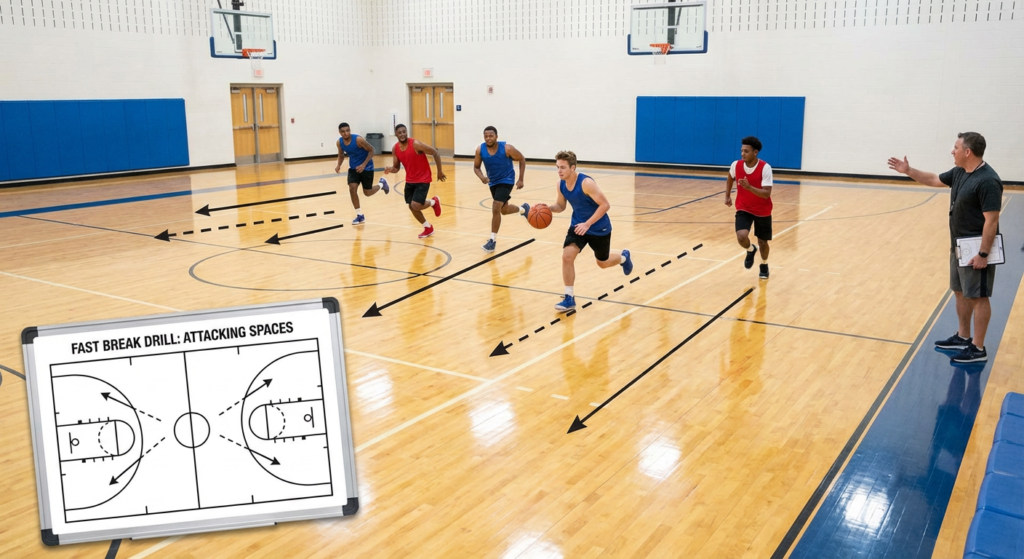Basketball fast break drill