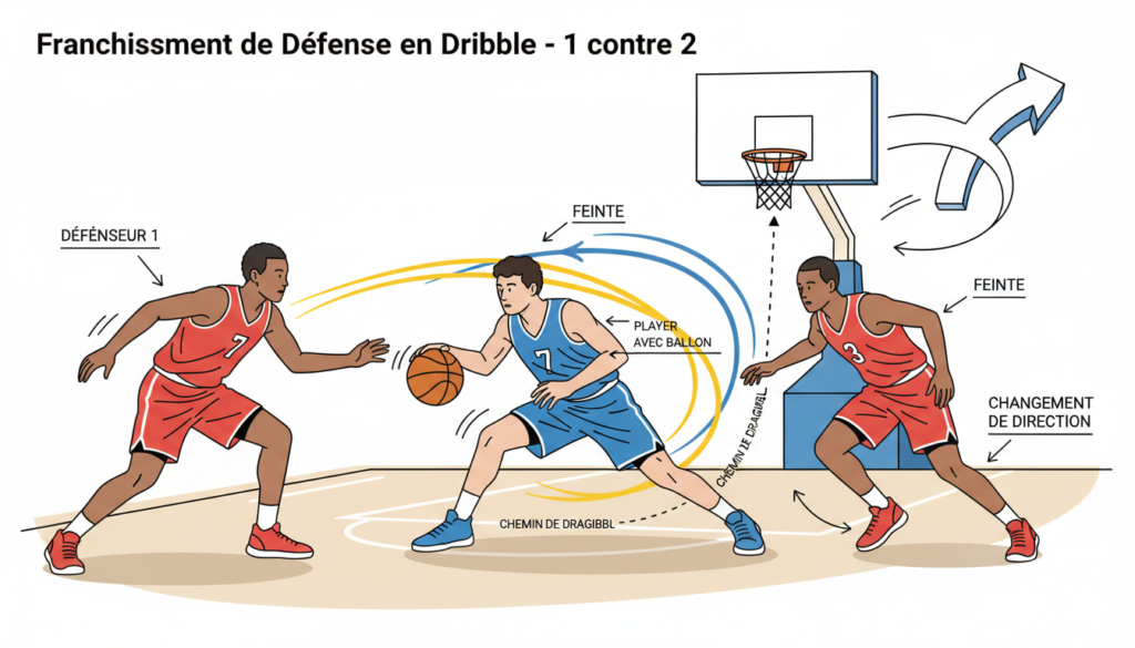 Basketball player dribbling past defenders