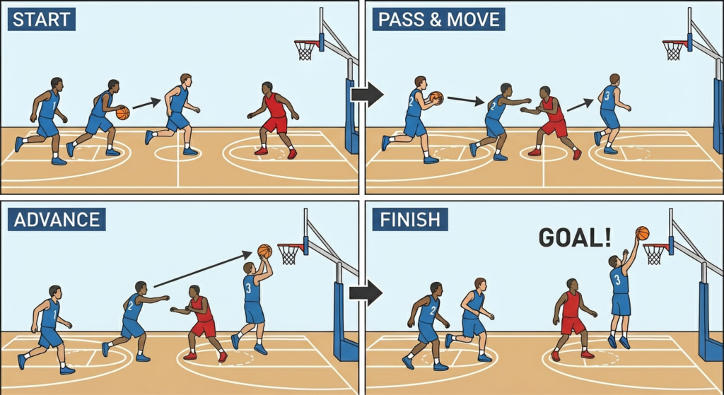 Exercice de passe séquentielle au basket-ball, scénario 3 contre 1, joueurs avançant.
