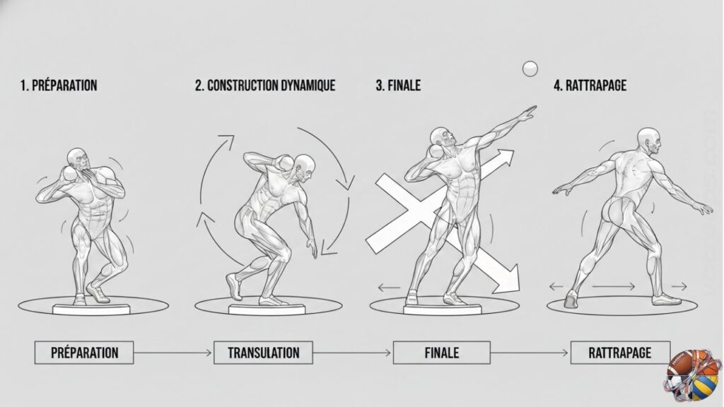 Schéma des phases du lancer de Poids