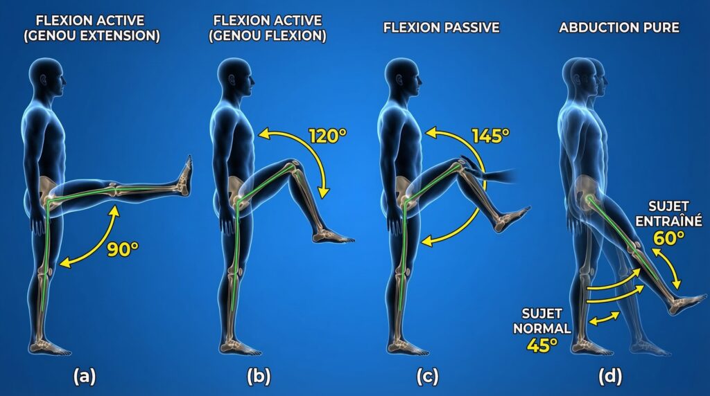 Amplitudes articulaires de la hanche flexion, extension, abduction
