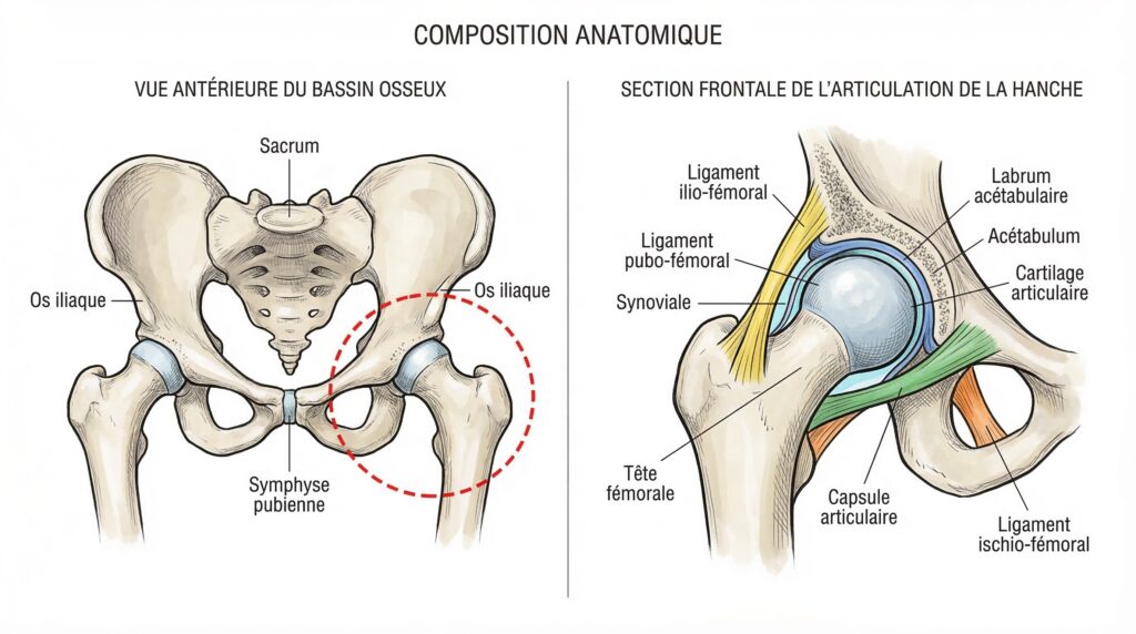  Articulation coxo-fémorale vue globale et coupe sagittale