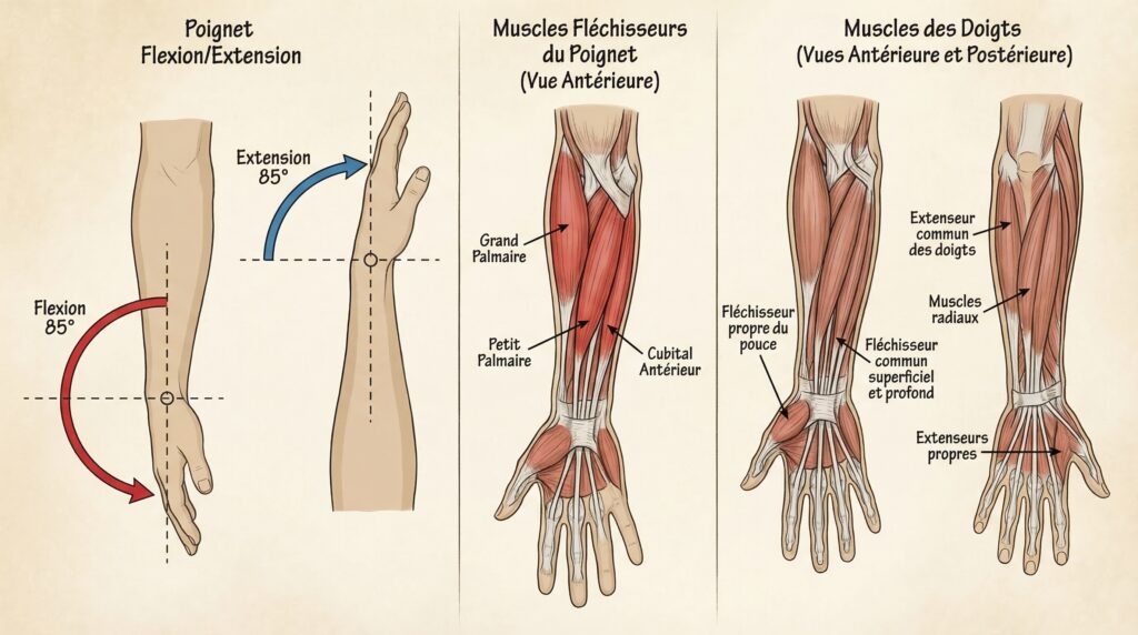 Mouvements de flexion–extension du poignet et muscles