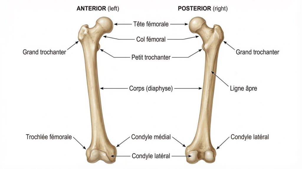 Schema anatomique du femur droit comparaison vue avant et arriere