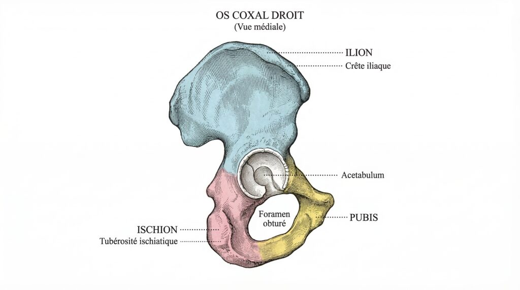 Schema detaille de l os coxal droit ilium pubis et ischium colores
