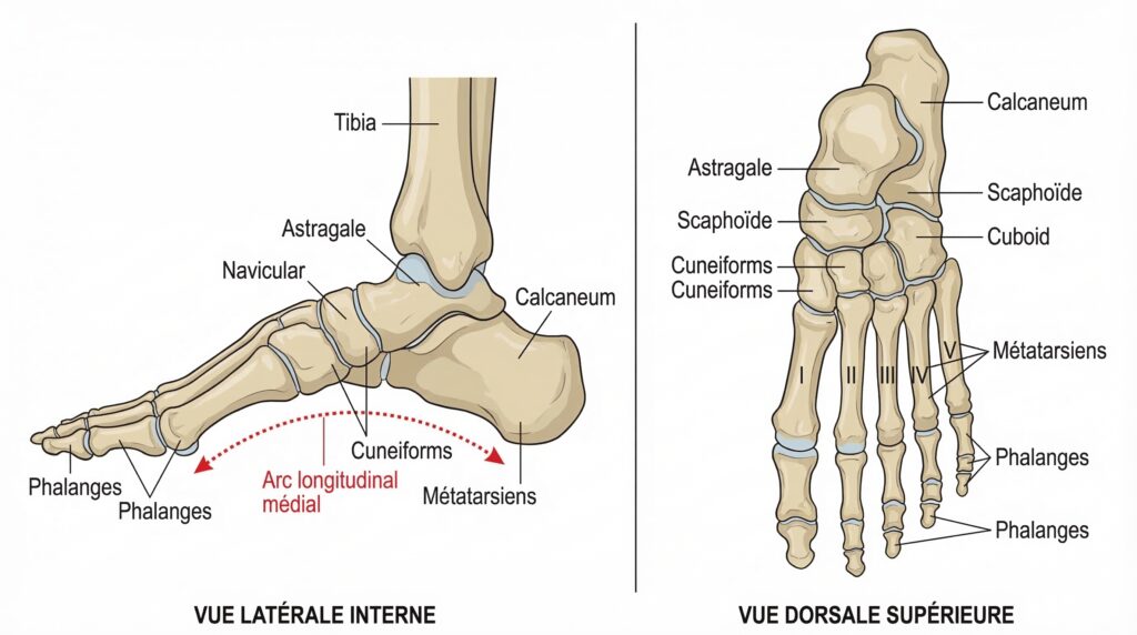 Squelette du pied : vues latérale et dorsale