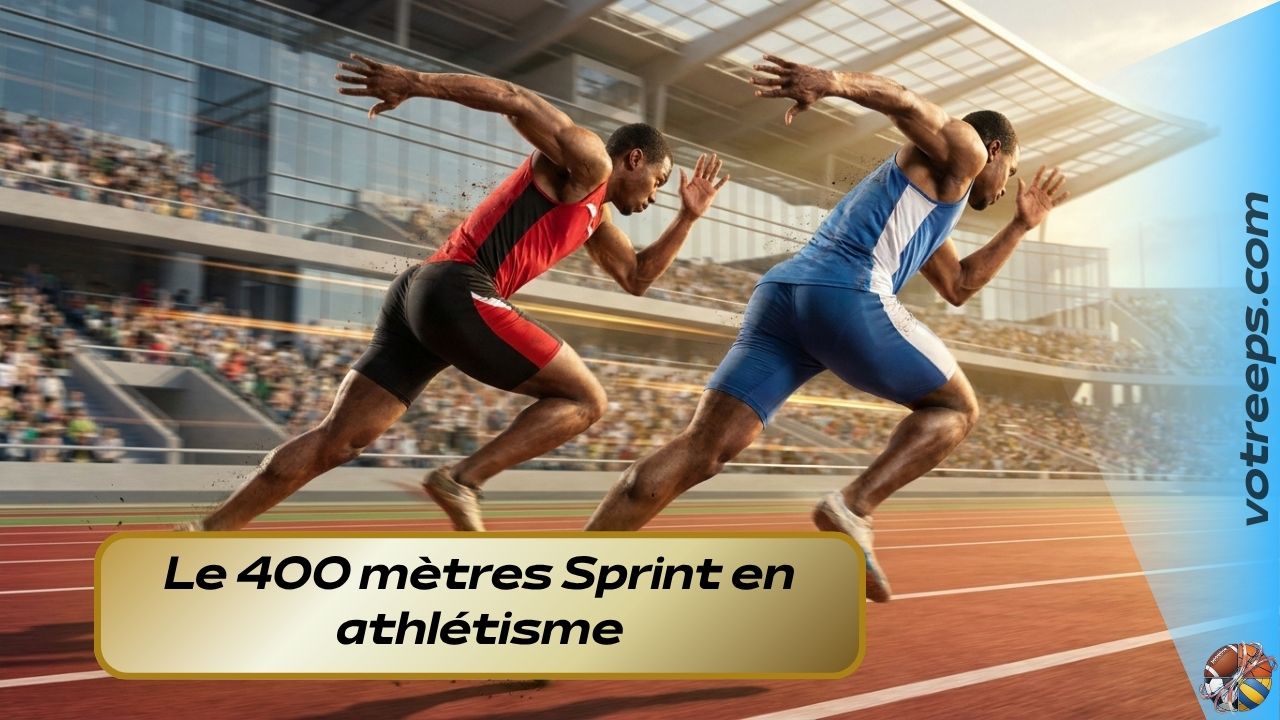 Illustration réaliste ultra détaillée de deux athlètes sprinteurs courant sur une piste d’athlétisme dans un stade moderne, mouvement dynamique et puissant, position de sprint en pleine accélération, muscles visibles et posture explosive, effet de vitesse et flou de mouvement, lumière cinématique, perspective sportive immersive, haute définition, style photographie sportive professionnelle, sans aucun texte ni inscription